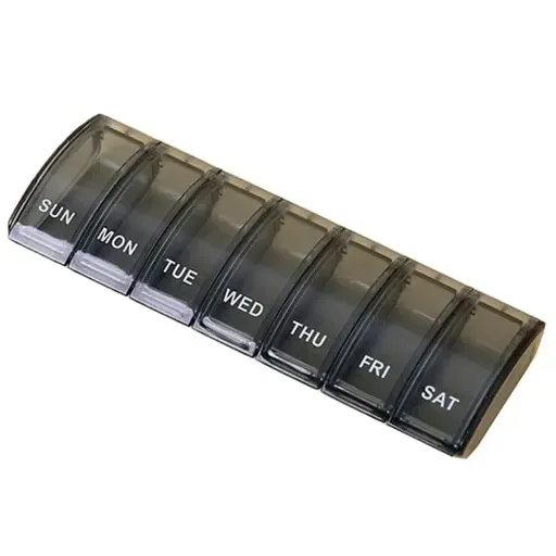 Dosett Medicine Box with 7 Compartments, Compact Weekly Pill Organizer for Travel, Black, PP Plastic, 13.5 x 5.2 x 2.3 cm