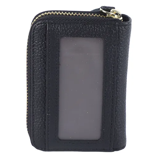 Card Wallet Black Leather 10 Slots Zipper Compact Transparent Window Card Holder for Travel Daily Outdoor