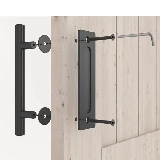 2PCS Sliding Barn Door Handle, 12 Inch Heavy Duty Pull and Flush Hardware Set, Black, Large Rustic Two-Side Design, Round