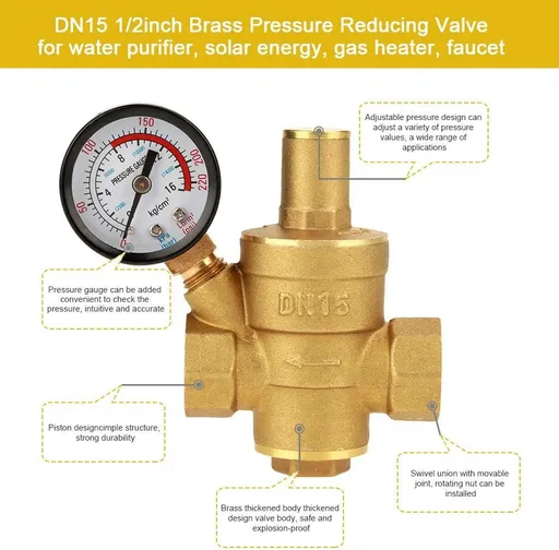 DN15 Water Pressure Regulator 1/2, Brass Water Pressure Reducing Valve 1/2'' Adjustable Water Control Thread with Gauge Meter