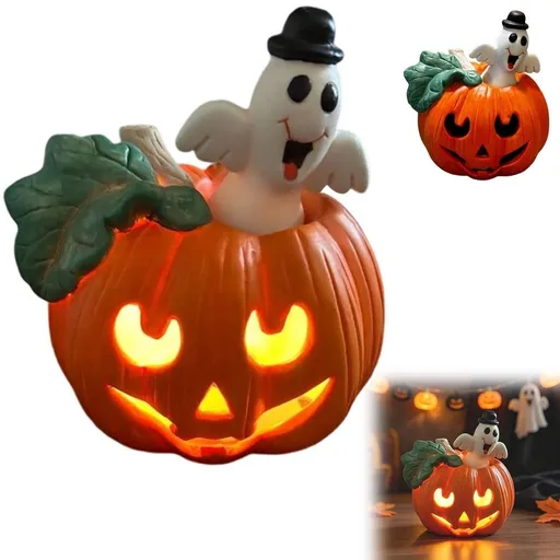 Vintage Halloween Pumpkin Light 5.91inch Hand Painted with Ghost, Resin Lighted Pumpkin Decor for Halloween Party Home Tabletop