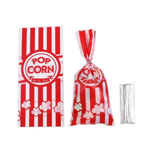 100Pcs Popcorn Bags for Party, Popcorn Treat Bags Set, Cellophane Candy Bags Red White Stripe Cookie Snacks Bags with 100Pcs Twist Ties for Circus Carnival Birthday Party Favor