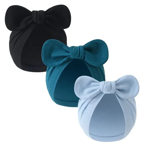 3PCS Baby Girls Turban Hats with Bow Newborn Hospital Caps Bonnet Beanies Headwraps for Infants Toddlers
