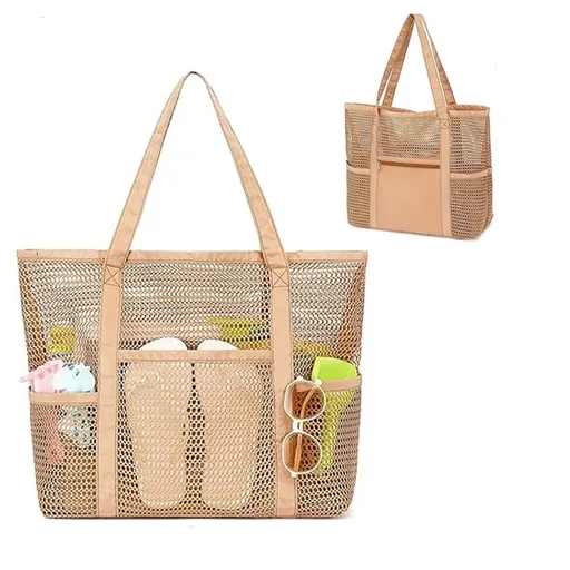 Mesh Beach Tote Bags for Womens, Causal Pool Bags for Swimming Pools Vacations Beach Essentials, brown