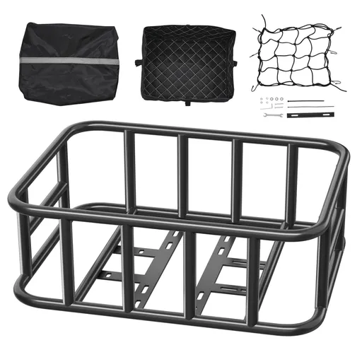 Rear Bike Basket, Medium Bicycle Basket with Cargo Net, Liner & Waterproof Cover, Heavy Duty Bike Back Basket for Adult Women/Men Carrying Dogs, Pets, Fruit & Grocery, Mounting Tools Included