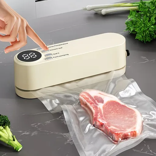 Beige. USB Rechargeable Portable Vacuum Sealer, suitable for vacuum packing snacks, meat, fruits, and vegetables for food preservation.