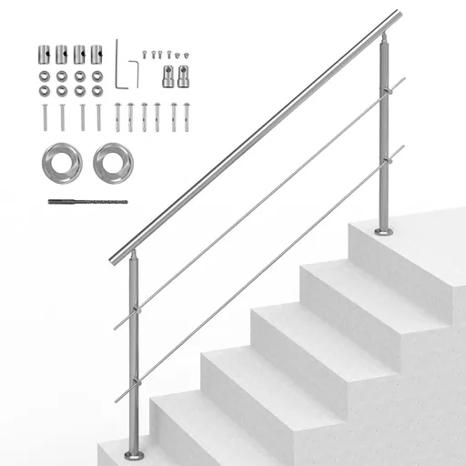 Handrails for Outdoor Steps, 70.9in Length 2 Crossbars Stair Hand Rail Kit, Transitional Stainless Steel Railings w/ Installation Kit, Double-column Staircase Handrails for Seniors,Porch & Deck