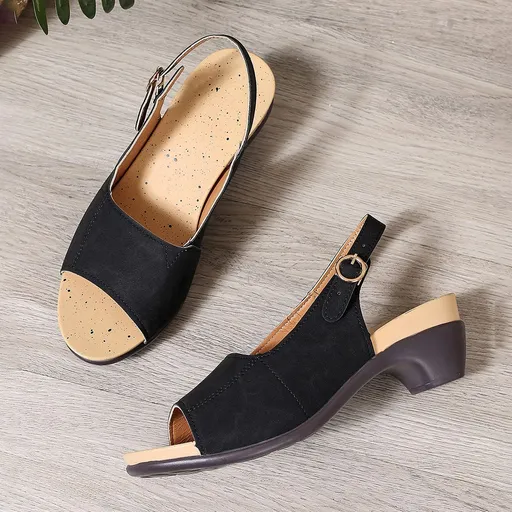 Women Chunky Heel Sandals Buckle Strap PU Rubber Black 40