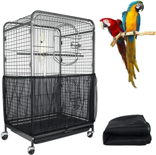 L Black【Height 30, Circumference 220】 Large Bird Cage Seed Catcher Net Cover - Adjustable Mesh Guard Splash-Proof Dust Cover for Indoor Outdoor Cages
