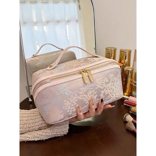 New Vintage-Style Makeup Bag, Portable Large-Capacity Hand-Wash Toiletry Bag, Cosmetic Organizer, Suitable for Travel and Daily Outings。PINK