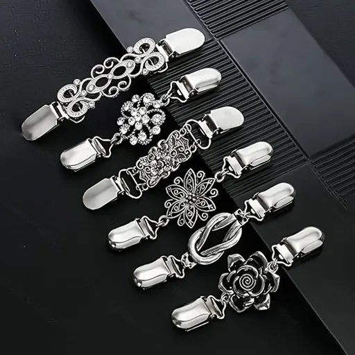 6 pcs Silvery Vintage Sweater Shawl Clip Brooch - Decorative Cardigan Collar Fastener with Rhinestone and Floral Design, Retro Alloy Cape Clasp for Scarves, Shawls and Knitwear