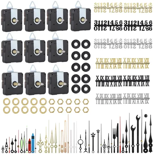 10PCS Clock Mechanism Movements, DIY Clock Replacement Kit with 16 Sets Clock Hands Pointers and 12 Sets Numbers, Silent Sweep Clock Motor Kit Battery Operated for Clock Repair