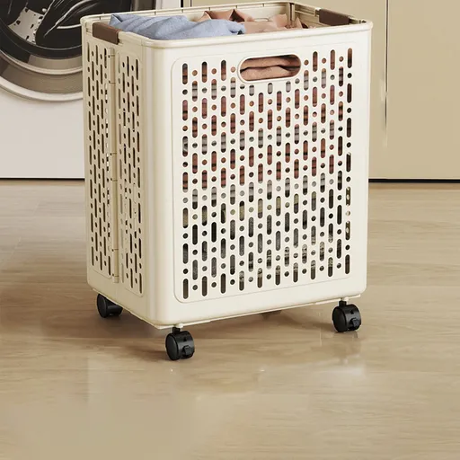 Collapsible Laundry Hamper with Wheels - Foldable Storage Basket for Clothes, Toys & Organizing | Rolling Linen Cart w/ Handle, Portable Closet Utility Bin 18 Inch Tall Beige