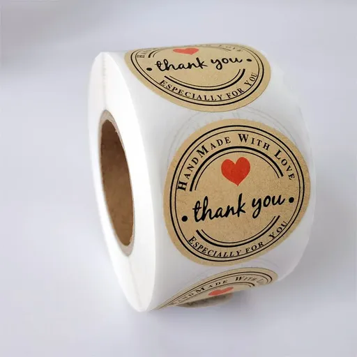 Thank You Hand Made with Love with Red Heart Stickers 1.5Inch Round Total 500 Adhesive Labels Per Roll