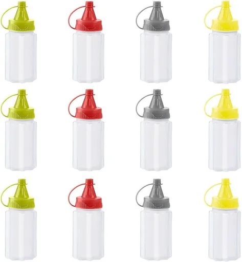 12 pieces - 3.2*3.2*8 cm - sauce bottles - portable sauce bottles - mini sauce bottles - squeeze bottle - ketchup bottle - salad dressing bottle - leak-proof plastic sauce bottles - squeezable sauce containers - kitchen supplies - grey, red, yellow,