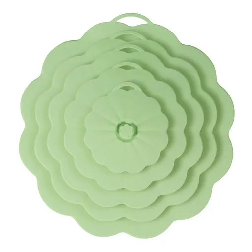 Food-Grade Silicone Stretchable Sealing Lids Set of 5 – Leak-Proof Reusable Covers for Bowls, Cups, Plates & Pots, BPA-Free, Heat Resistant to 230°C, Airtight Kitchen Freshness Keepers in Pastel Colors with Flower Knob (Green)
