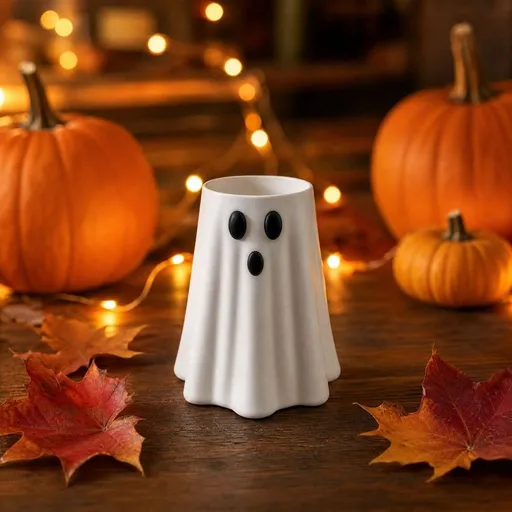 Halloween Resin Ghost Figurine Cute Patchwork Design Small Size with Plaid Bow and Pumpkin Bucket