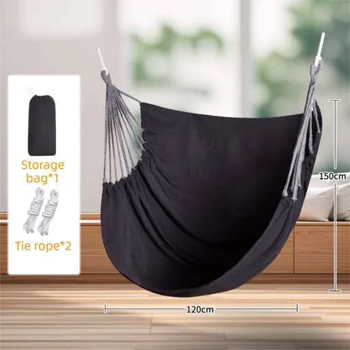 Black Oversized Hanging Swing Chair Canvas Hammock (120 x 150 CM) - Portable Indoor & Outdoor Leisure Hammock Chair with Thickened Binding Ropes and Storage Bag