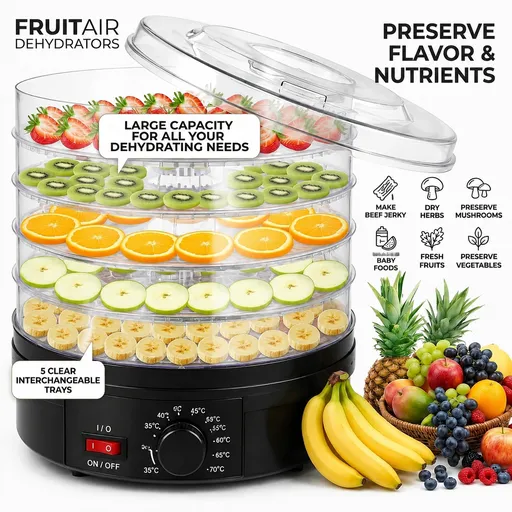 Black 5 Tier Large Capacity Food Dehydrator and Healthy Snack Maker - Electric Fruit Vegetable Meat Jerky Dryer with 35-70℃ Adjustable Temp and All Round Hot Air Fast Dehydration