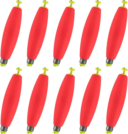 10-Pack Fishing Bobbers Floats, Weighted for Cigar EVA Foam Snap-on Floats Corks Floaters Buoys Crappie Bass Panfish Bluegills Trout Red 1.4IN - 3/32OZ