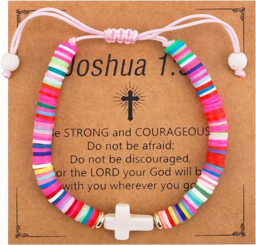 Cross Bracelet for Girls, Colorful Polymer Clay Christian Jesus Religious Confirmation Bracelet with Motivational Card First Holy Communion Gifts for Daughter Sister Teenage Girls