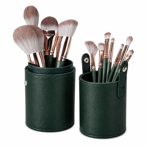 14-Piece Green storage bucketSynthetic Fibre Makeup Brush Set - Soft Bristles, Long Handles, Complete Face and Eye Kit, Beginner Friendly Beauty Tools for Foundation, Blush, and Eyeshadow Application
