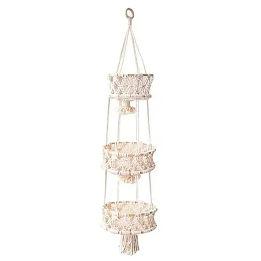 3 Tier Hanging Basket - Space Saving Hanging Fruit Basket for Kitchen or Decorative Boho Decor Hanging Plant Holder - Use for Produce Baskets, Indoor Planter Hangers, Beige