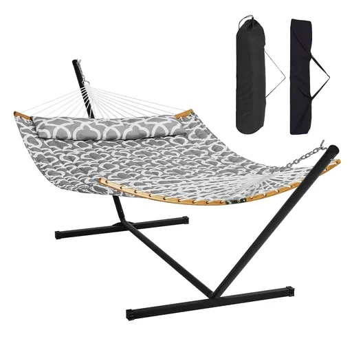 Two Person Hammock with Stand Included, Double Hammock with Curved Spreader Bar and Detachable Pillow and Portable Carrying Bag, Perfect for Outdoor Freestanding Hammock, 480lb Capacity