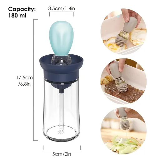 6.09oz Glass Oil Bottle with Brush for Cooking, Ideal for Frying, Baking, And Grilling - Convenient Non-Drip Feature, Easy to Clean Blue two-piece set [oil brush + bottle]