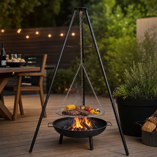 Tripod Garden Fire Pit BBQ – Cast Iron & Steel Round Outdoor Fire Bowl