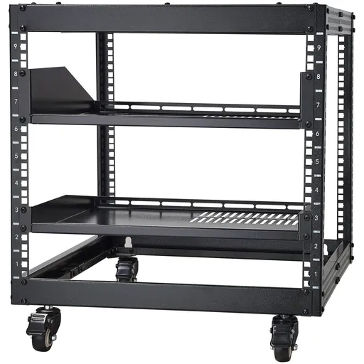 9U Open Frame Server Rack, 584.2 to 1016 mm Adjustable Depth, Free Standing or Wall Mount Network Server Rack with 360° Casters, Heavy Duty 4 Post Holds All Your Networking IT Equipment AV Gear