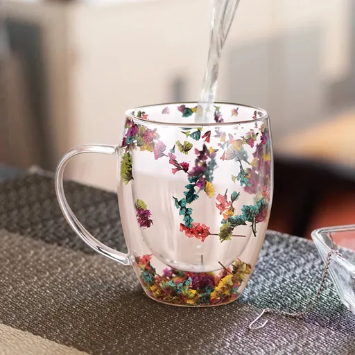 Double-Wall Insulated Glass Mug with Handle,High Borosilicate Glass Coffee Cup for Hot & Cold Drinks - Decorative with Flowers/Shells/Glitter,Tea, Latte, Iced Beverage Cup S01