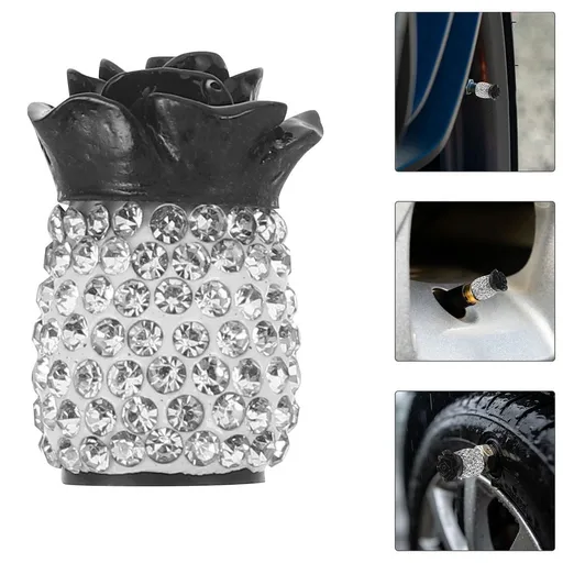 4Pcs Rose Valve Stem Caps Black Bling Rhinestone Decorative Tire Valve Covers