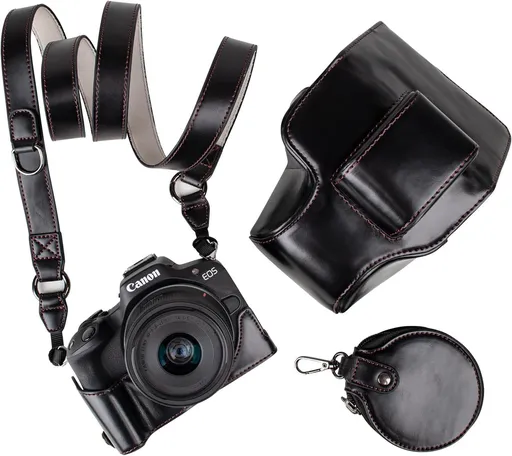 Protective Case for Canon EOS R50/R100 Camera and 18-45mm Lens, PU Leather EOSR50 R100 Camera Bag Including Half Case, Flip Cover, Shoulder Strap and Storage Pocket