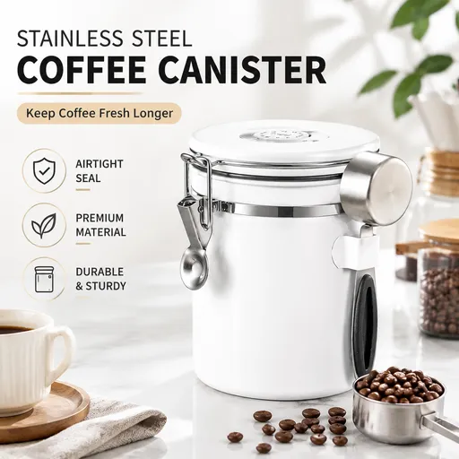 White 304 Stainless Steel Airtight Coffee Canister 1500ml Vacuum Seal Storage Jar with Date Tracker & Measuring Scoop for Coffee Beans Tea Storage