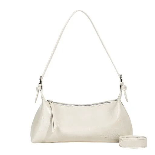 Beige Women's Metallic Silver Underarm Baguette Bag French Style PU Leather Shoulder Purse with Adjustable Crossbody Strap for Evening and Daily Use