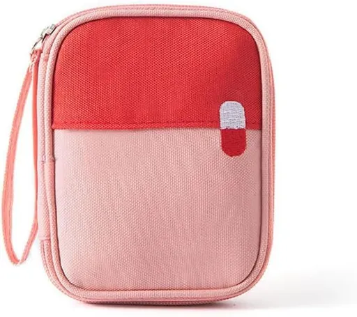 Portable Mini First Aid Bag Empty, Small Size Travel Medicine Pouch Double Zippers Handy Pills Pocket for Travel Home, Pink, 11 x 14 x 2 cm