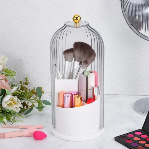 Rotating Makeup Brush Holder with Lid White Transparent Cover for Vanity