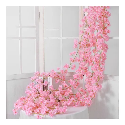 Artificial Flower Rattan Single 1.8m 135pcs Flowers Head Vivid Decorative Silk Plastic Hanging Fake Rattan for Decoration Light Pink