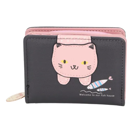 Coin Purse Cute Animal Design Zipper Foldable Short Style PU Leather Black