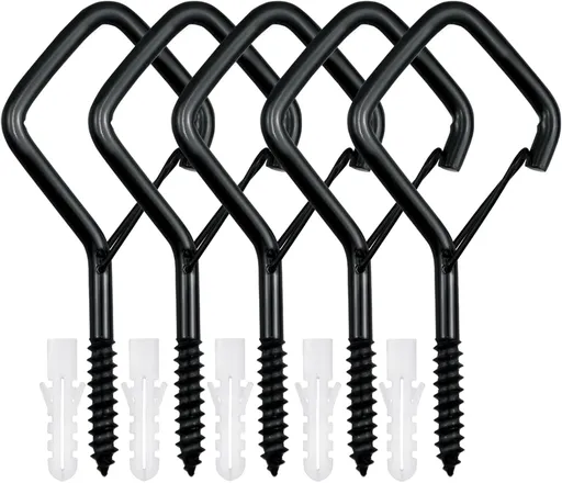 5 PCS Black Eye Screw Hooks, 4 Inch Ceiling Hooks for Hanging Heavy Duty Items with Safety Buckle – Metal Eye Bolt Hooks for Hanging Plants, Wind Chimes, Bird Feeders, String Lights, and More