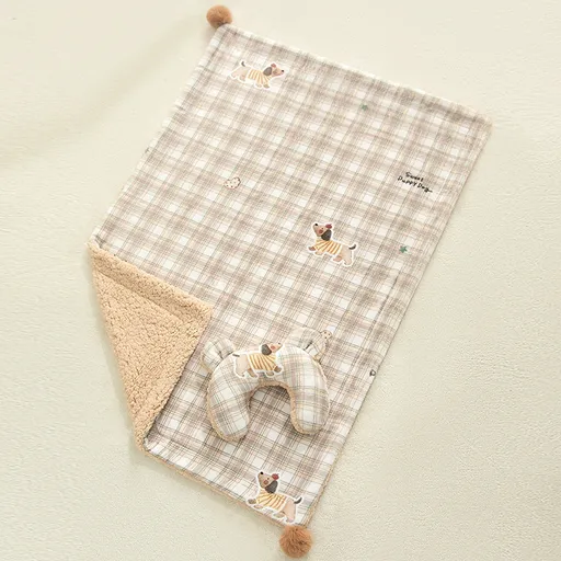 Plaid Puppy Premium Soft Fleece Dog Bed Quilt & Pillow Set (M Size 60 x 40 CM) - All-Season Reversible Warm Cat Nap Pad