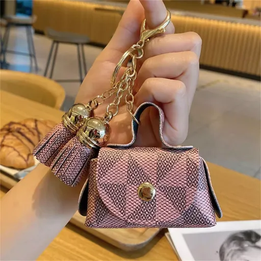Mini Plaid-Print Leather Key Pouch with Tassel Charm, Coin Purse, and Earphone Storage Bag—Pink