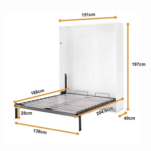 Double Wall Bed in White Gloss – Space Saving Murphy Bed Kit with Silver Door Handle