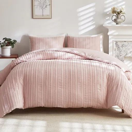 Pink Tufted Stripe Bedding Set - 3 Piece Quilt Cover and Pillowcase Set -(Queen)