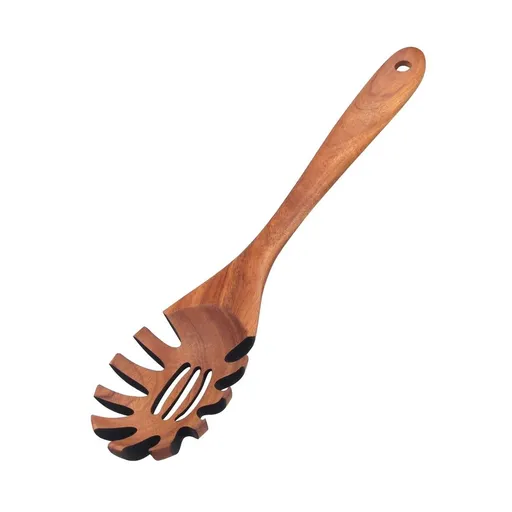 Wooden Pasta Server, Walnut Spaghetti Spoon with Teeth, Long Handle Pasta Scoop for Cooking and Serving, Gentle on Non-Stick Cookware, 12.6x3.2in
