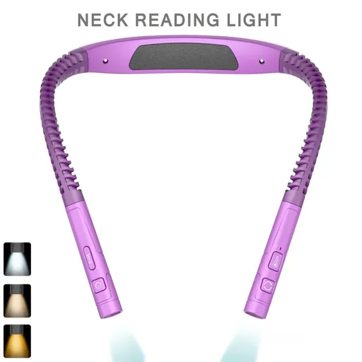 Purple LED Rechargeable Ergonomic Neck Reading & Running Light - Timer, 3 Color & 5 Brightness - Eye-Caring Hands-Free Flexible Book Light