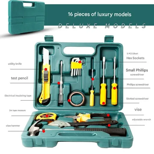 Green 16 Piece Set -Multi-Purpose Home & Car Tool Kit - Durable Blow-Molded Case, Utility Knife, Tape Measure, Pliers, Hammer, Screwdrivers, Allen Keys - Compact Emergency Repair Set for DIY and Auto Maintenance