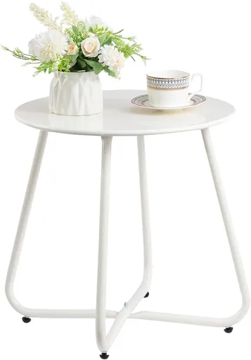 Metal Outdoor Side Table – Round Patio Table, Rust-Resistant Small End Coffee Table for Balcony, Garden, Porch, Living Room & Bedroom – Portable Accent Table for Indoor Outdoor Use, White