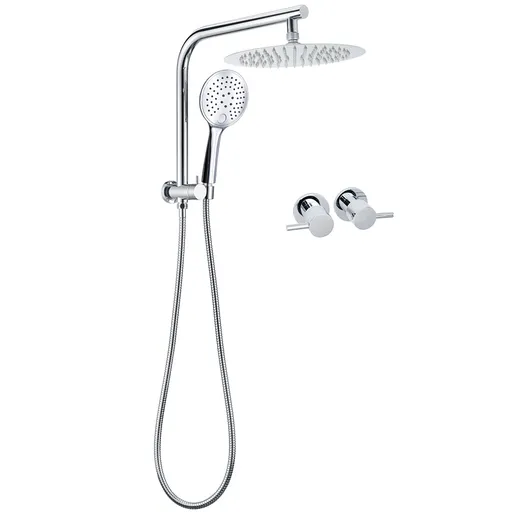WELS Round Chrome 10" Dual Shower Head 3 Mode Handheld Gooseneck Wall Arm Twin Taps Set
